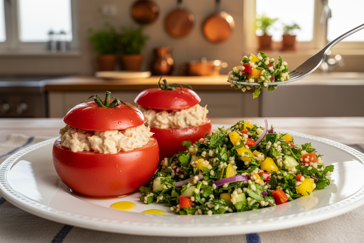 Menu Mercredi — Tomates farcies piémontaise et taboulé de semoule