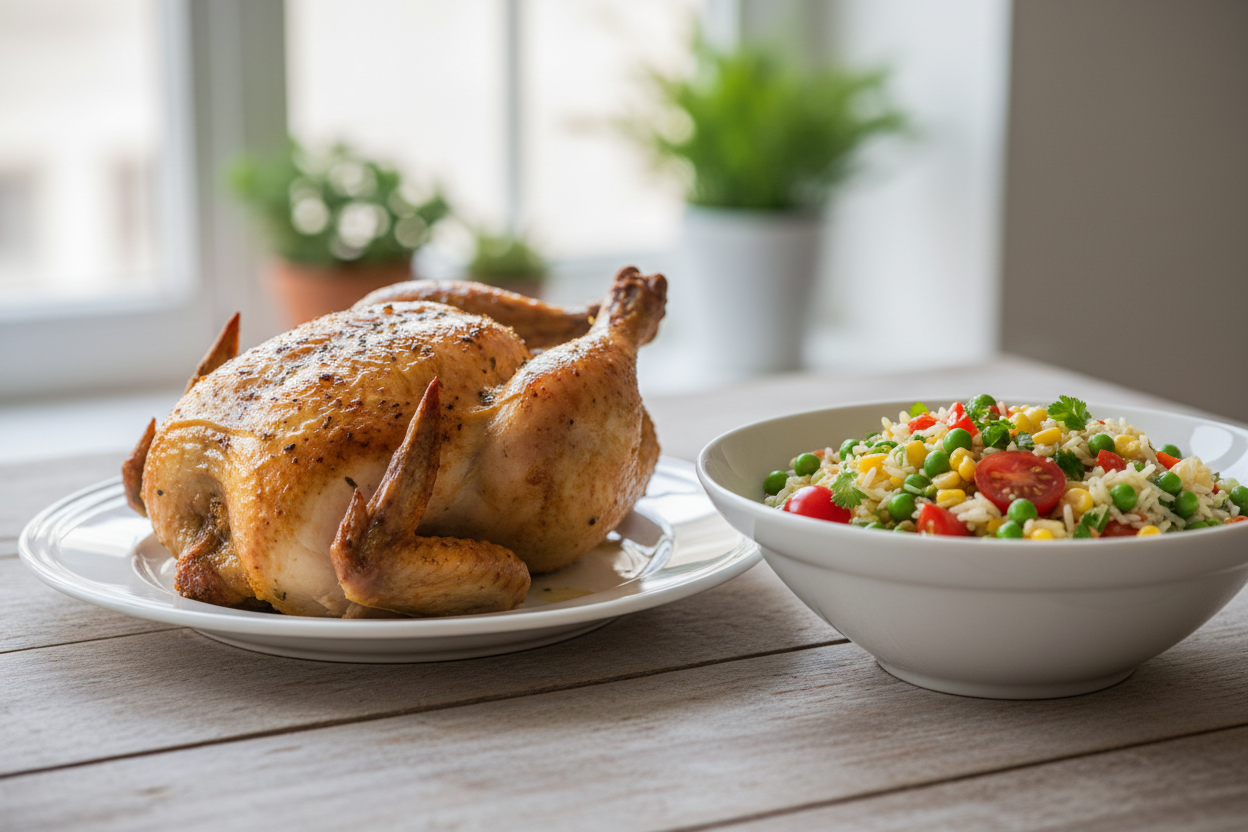 Menu Dimanche — Poulet rôti et salade de riz fraîcheur