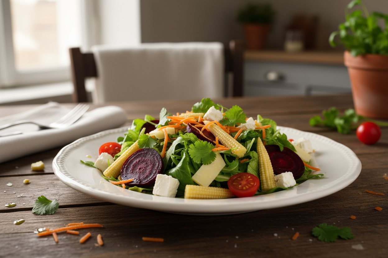 Salade Deux Fromages - mesclun, betteraves, carottes râpées, fêta, cantal, tomates cerises, maïs, coriandre